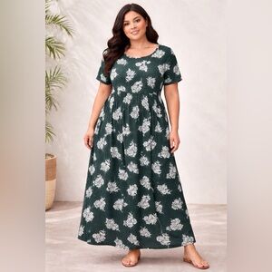 Plus Size 4XL Dark Green and White Blossoms Maxi Dress